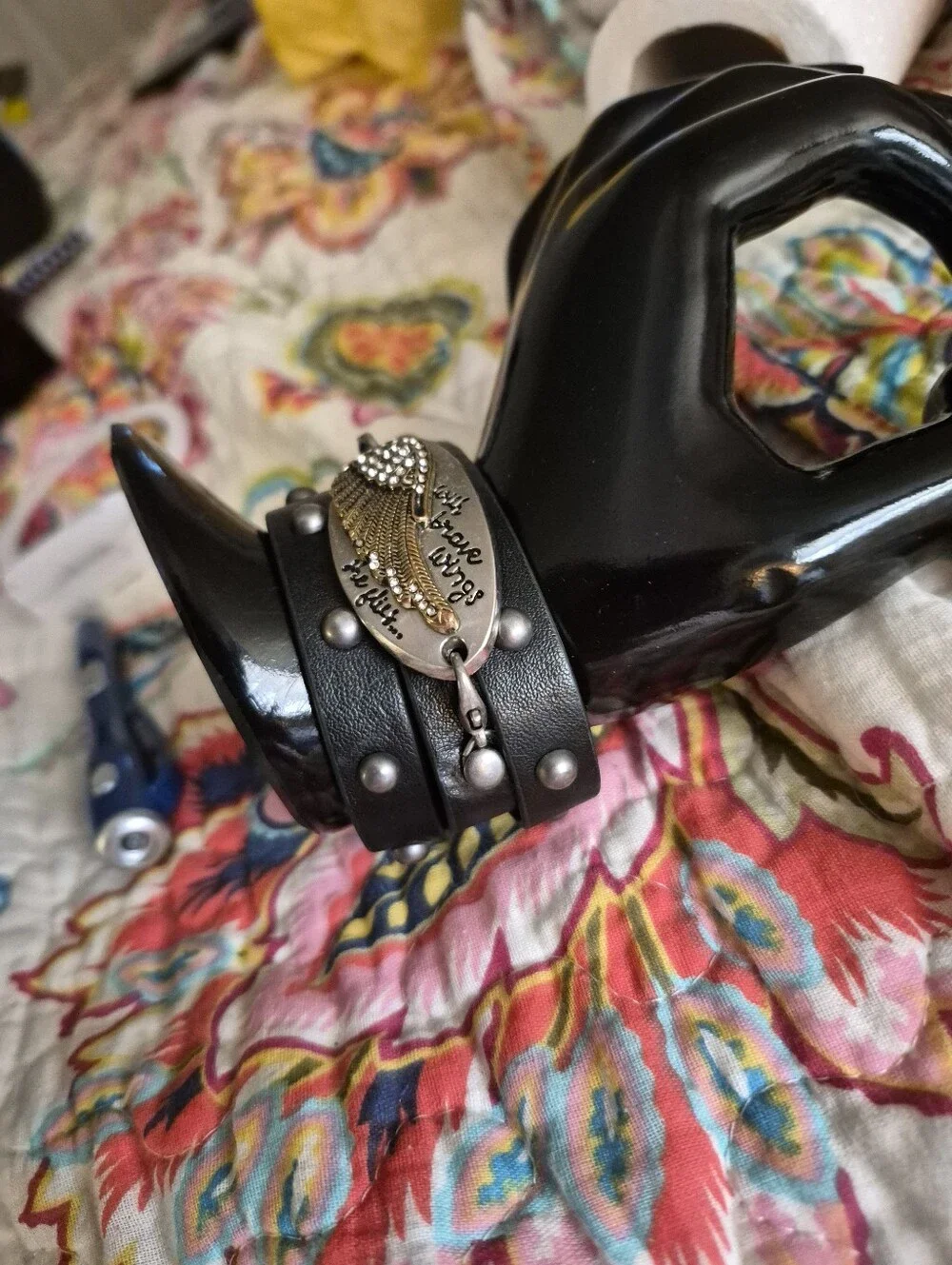 Black Studded Boho Blue Moon Wrap w 3 Connector Charms Bracelet